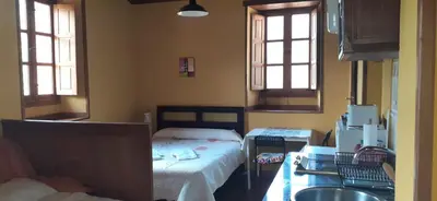 a bedroom with two beds and a sink and two windows at OSO3 in Pola de Somiedo