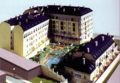 a model of a large building with a parking lot at EnFOZ Con Piscina Parking y Playa a 100 metros in Foz