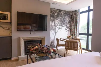 a living room with a fireplace and a table with chairs at Albariño in Pincelo