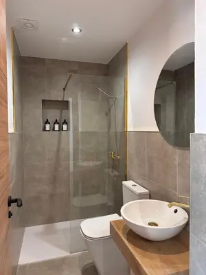 a bathroom with a shower and a toilet and a sink at Lemos Mel in Monforte de Lemos