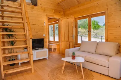 a living room with a couch and a ladder at Cabañas de Allariz - Cabaña 5 in Allariz
