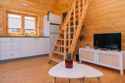 a living room with a ladder in a log cabin at Cabañas de Allariz in Allariz