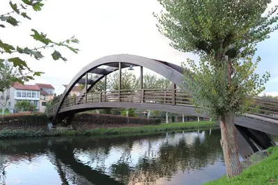 a wooden bridge over a river with a tree at Acogedor Apartamento Ribeira Sacra in Monforte de Lemos