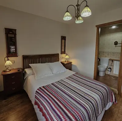 a bedroom with a bed and a bathroom with a toilet at Casa Rural La Pumarada de Limés in Cangas del Narcea