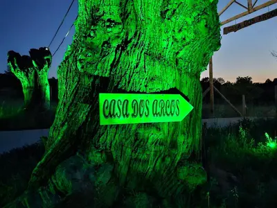 a green tree with a sign that reads east los forests at Casa dos arcos in Sober