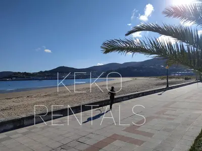 a person standing on a beach next to a palm tree at Covas Beach Garden in Viveiro