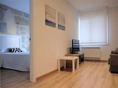 a bedroom with a bed and a table with a television at Apartment in Ourense near Hot Springs in Ourense